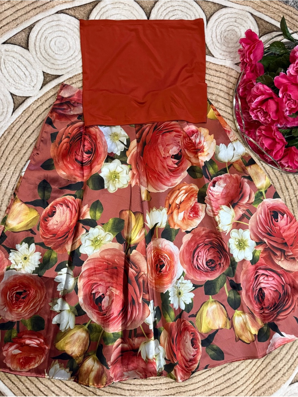 Floral Fit-and-Flare Skirt in Coral Rose